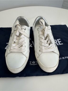 Zadig & Voltaire White Leather Sneakers with Silver Stars Size 36
